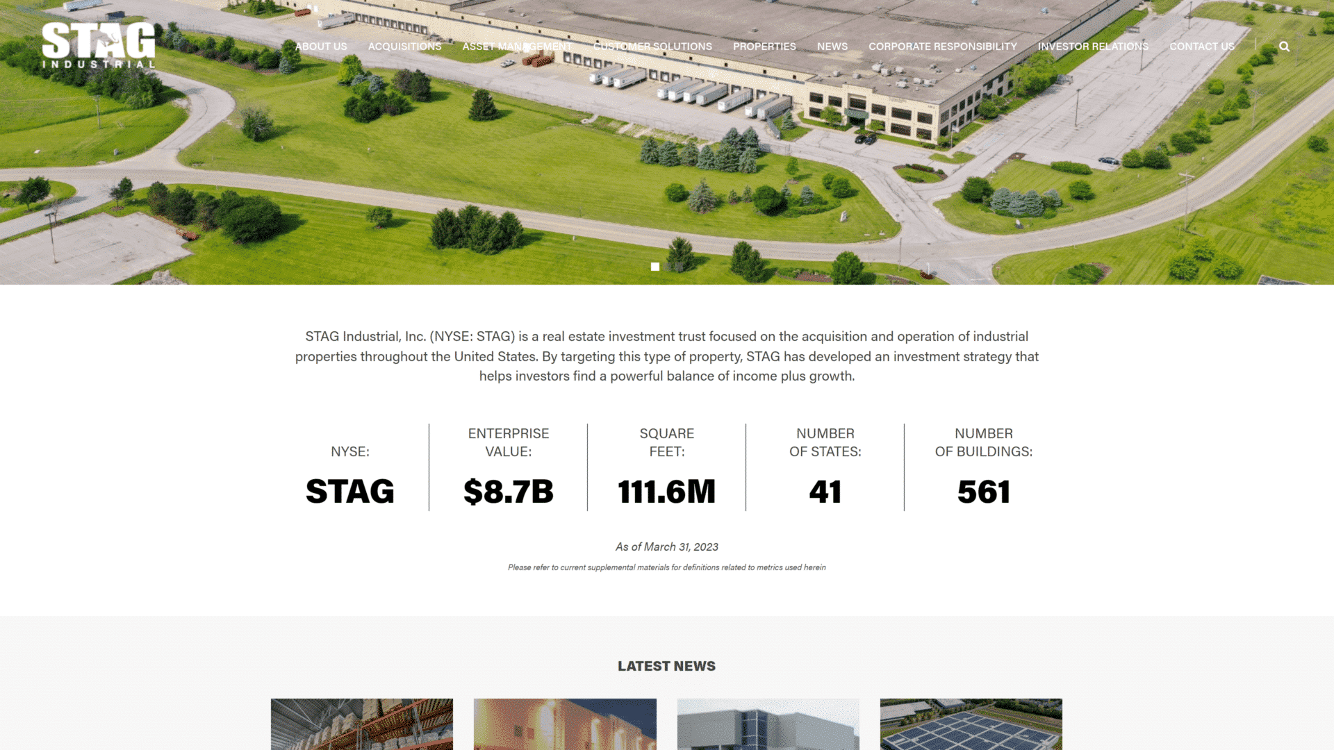 screenshot of the stag industrial homepage
