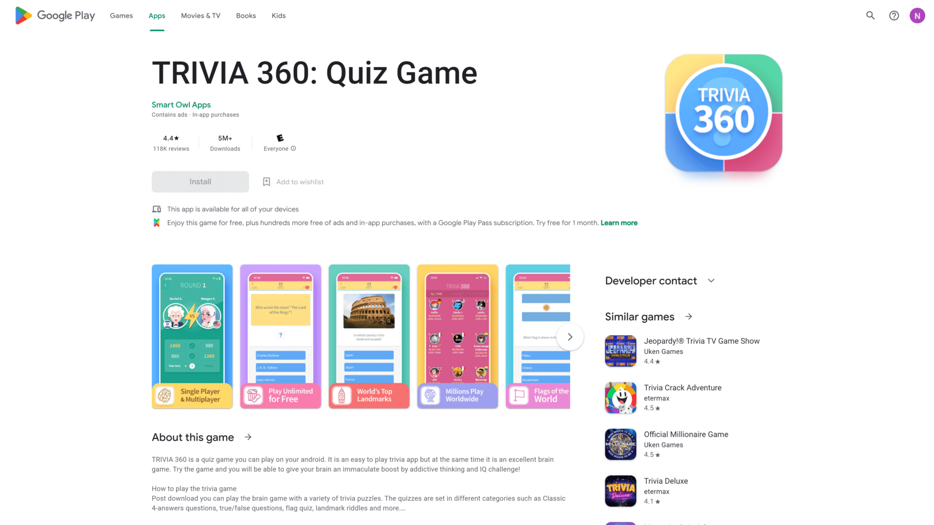 screenshot of the trivia 360 homepage