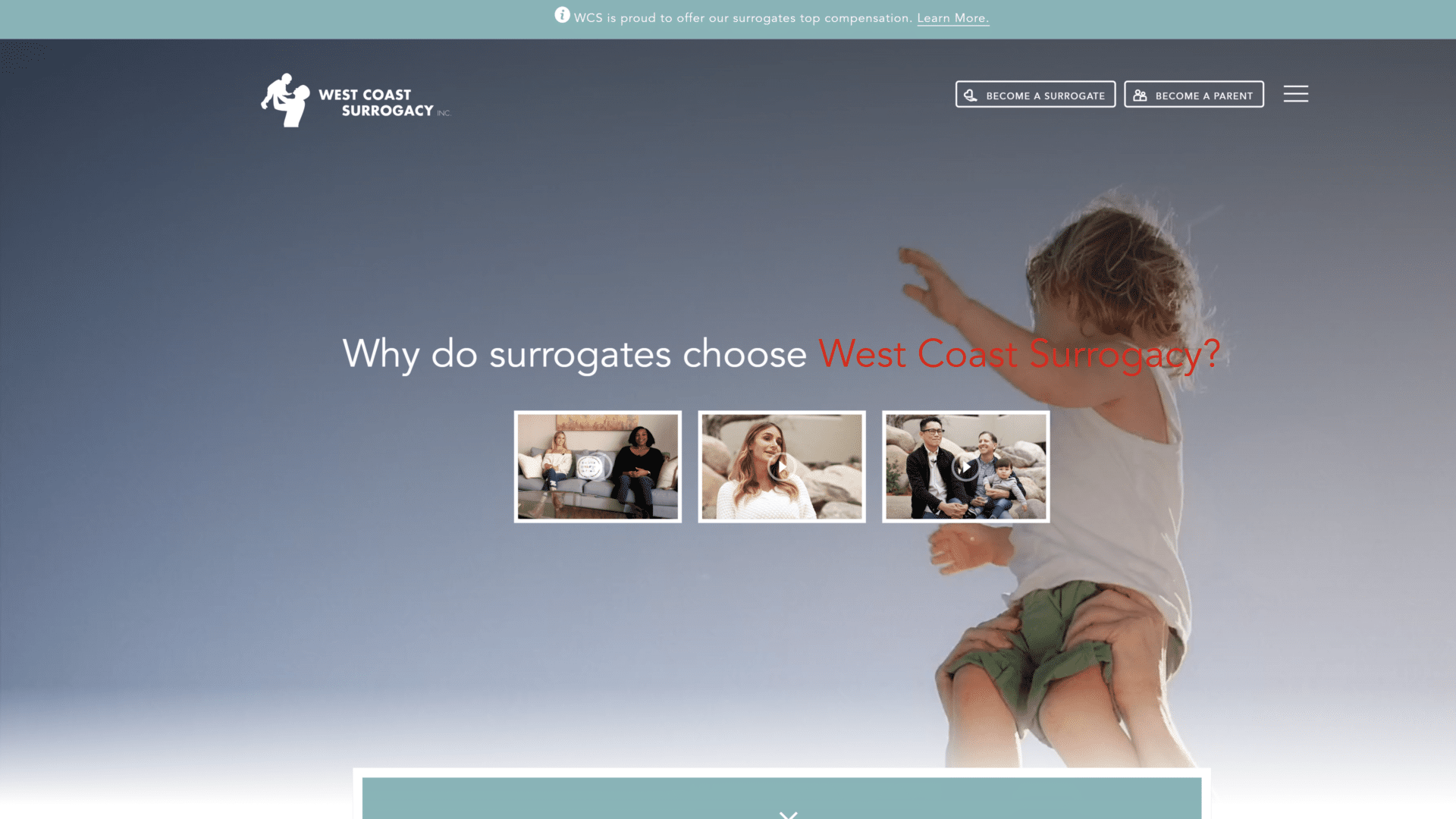 screenshot of the west coast surrogacy homepage