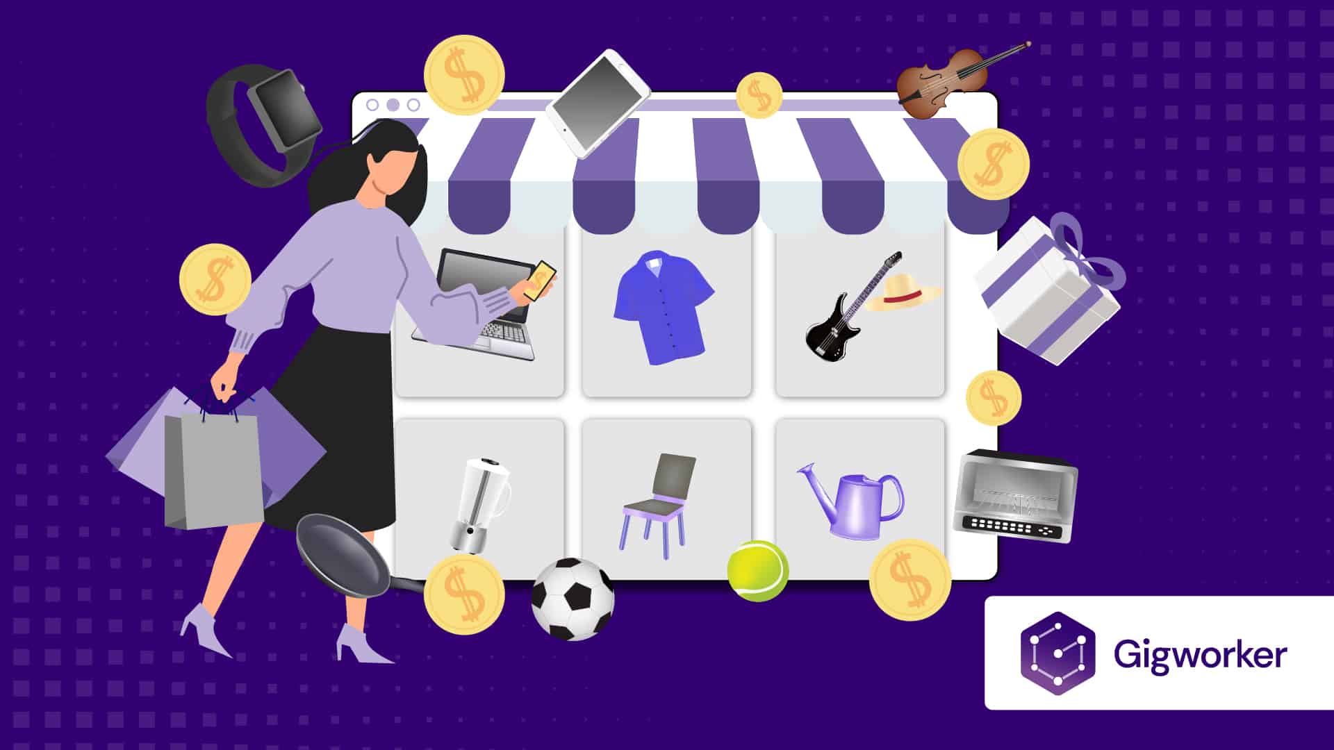 vector graphic showing an illustration of a woman getting paid to shop