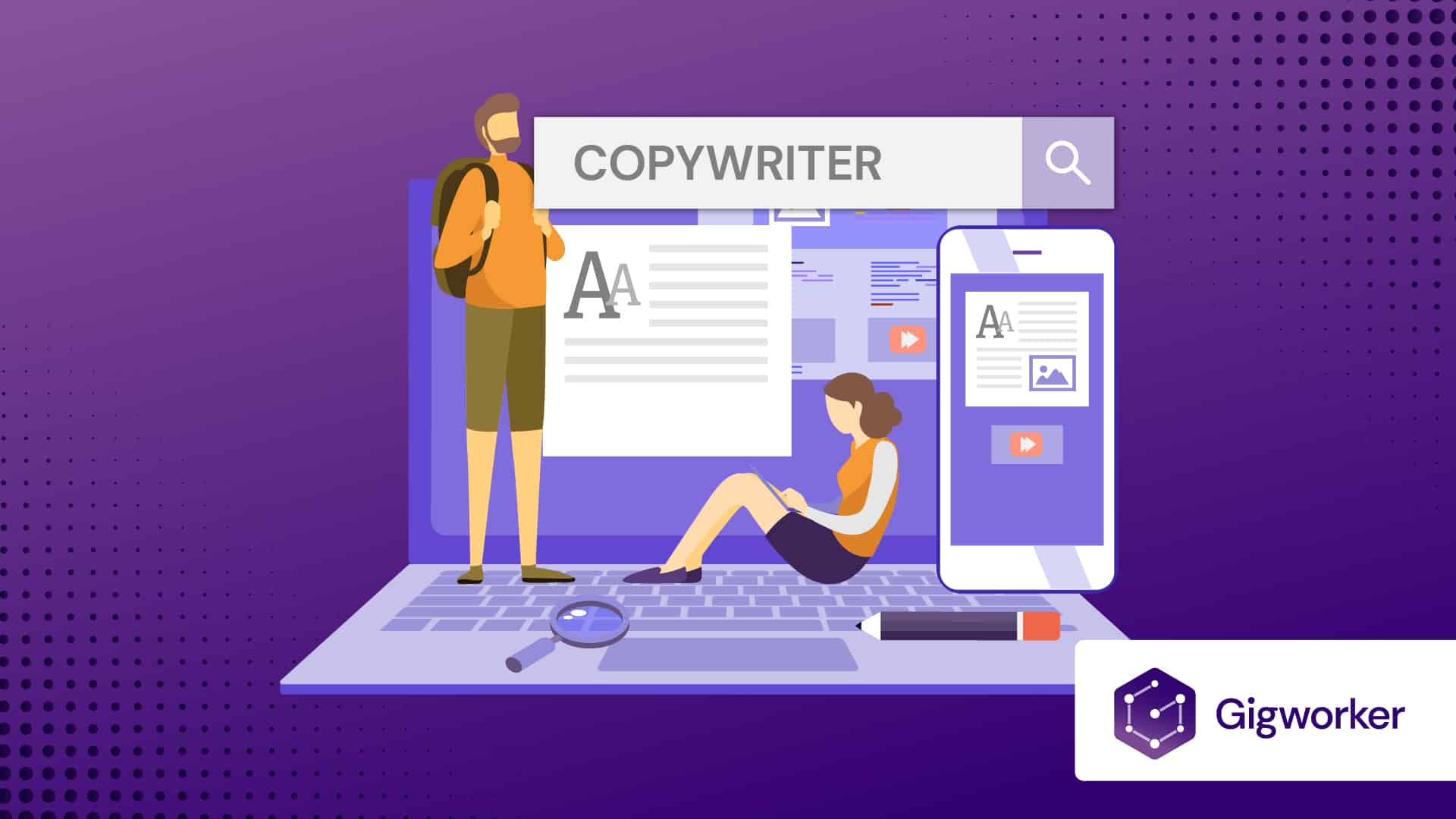 vector graphic showing an illustration of a lady teaching another person graphics related to how to become a copywriter