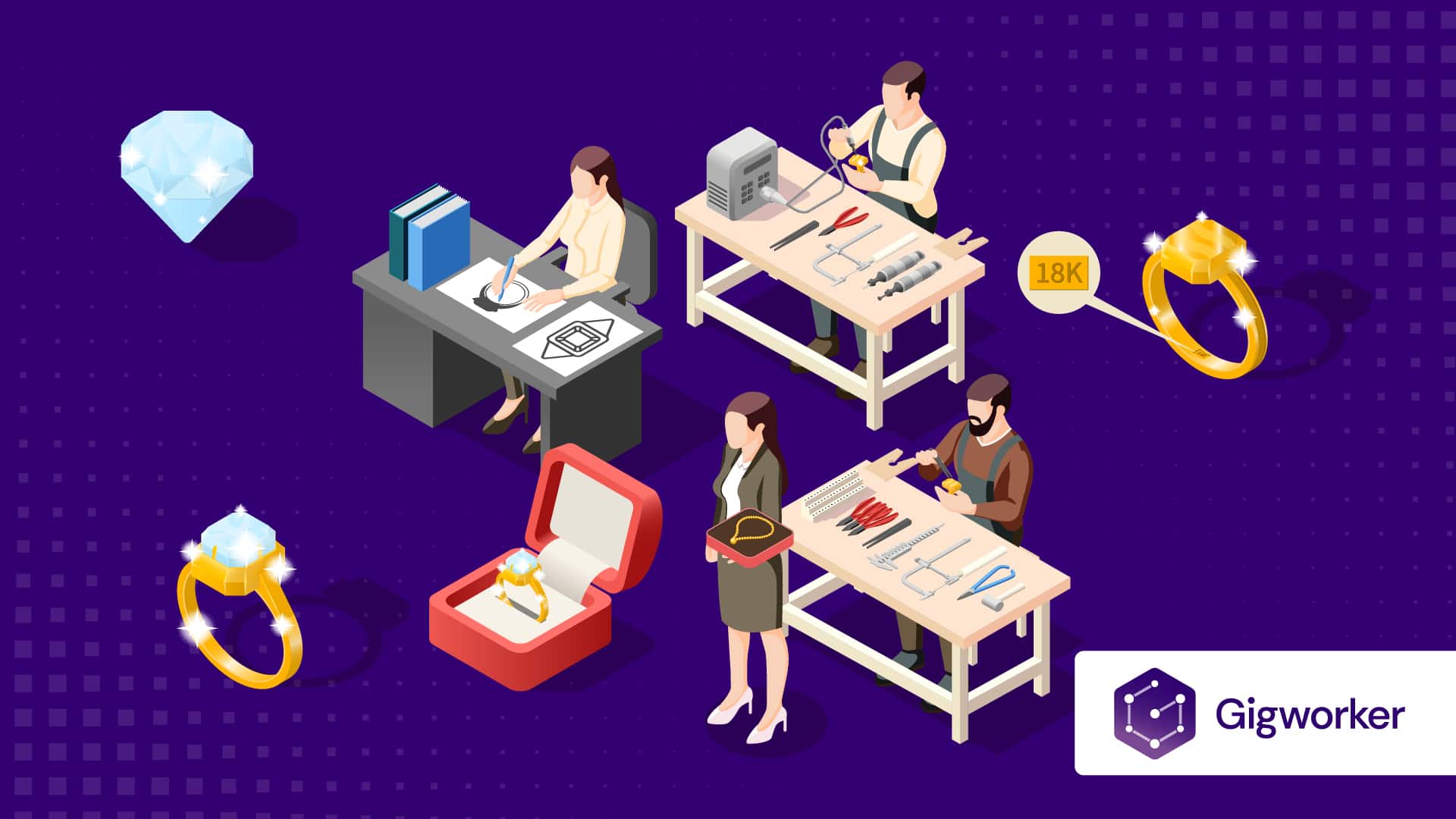 vector graphic showing an illustration of people learning how to make jewelry to sell