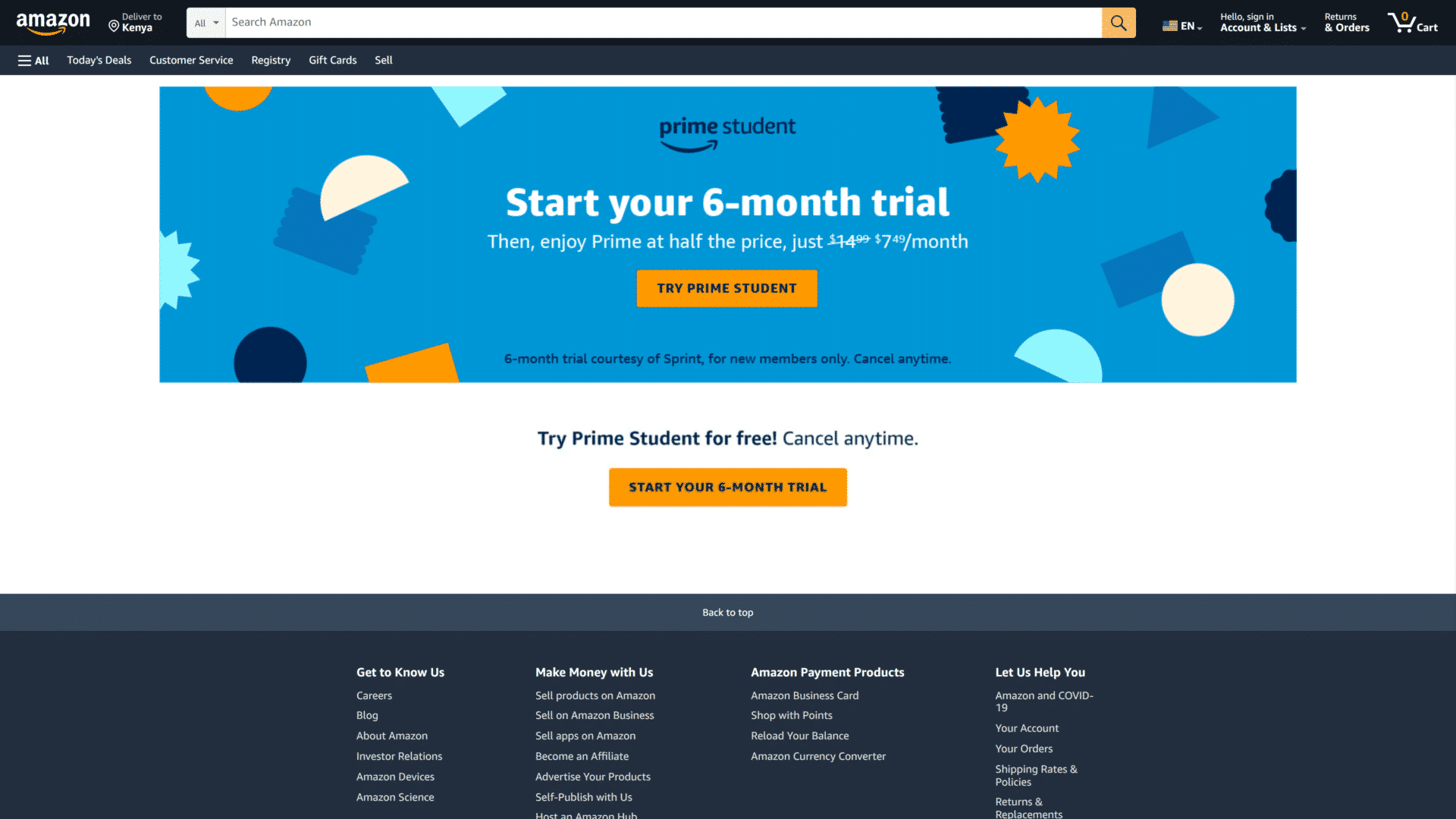screenshot of the amazon prime student homepage