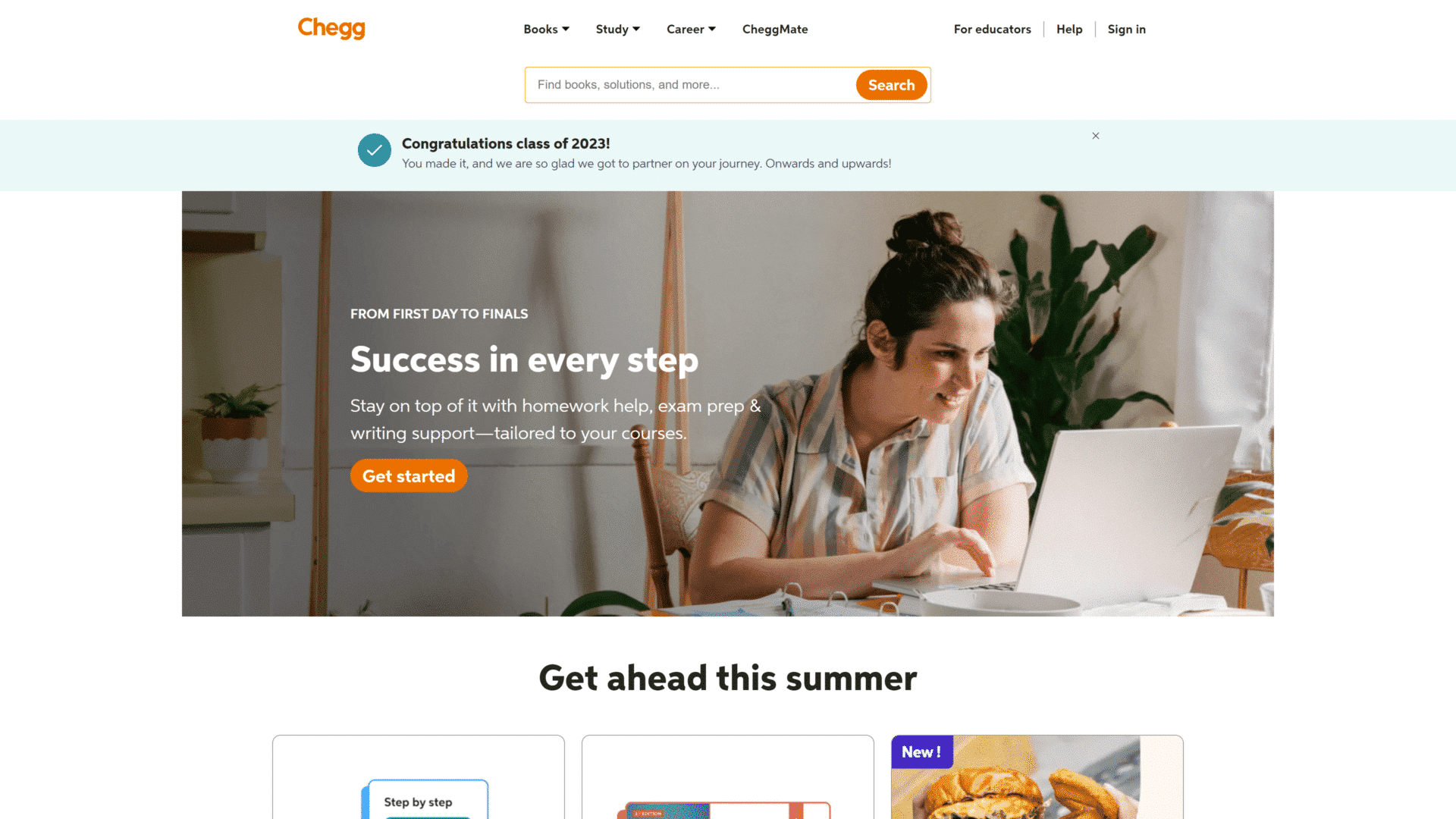 screenshot of the chegg homepage