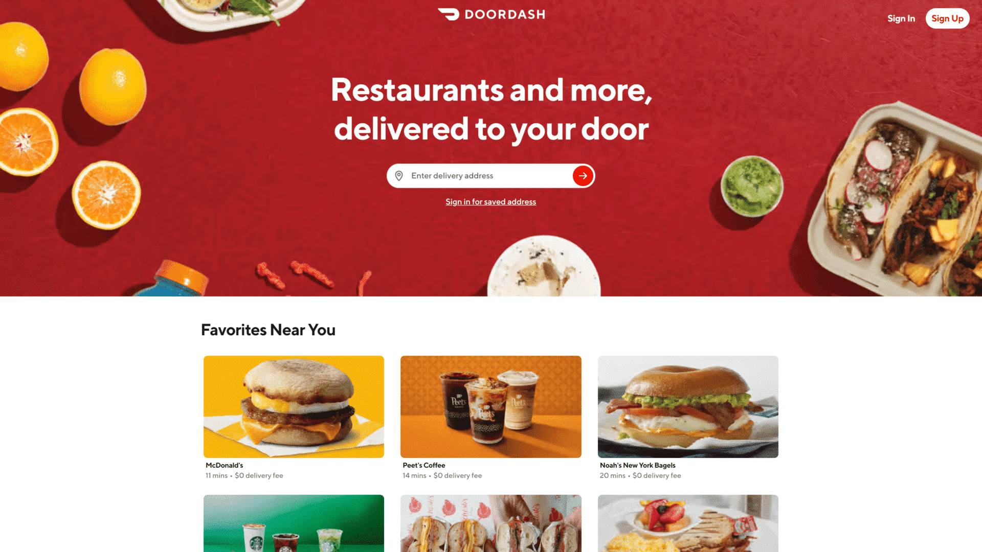 screenshot of the door dash homeepage