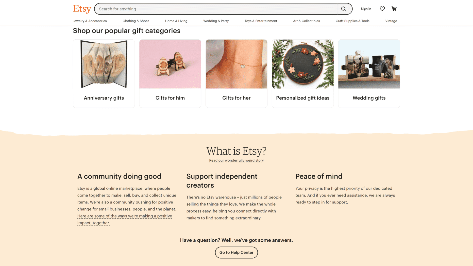 screenshot of the Etsy homepage
