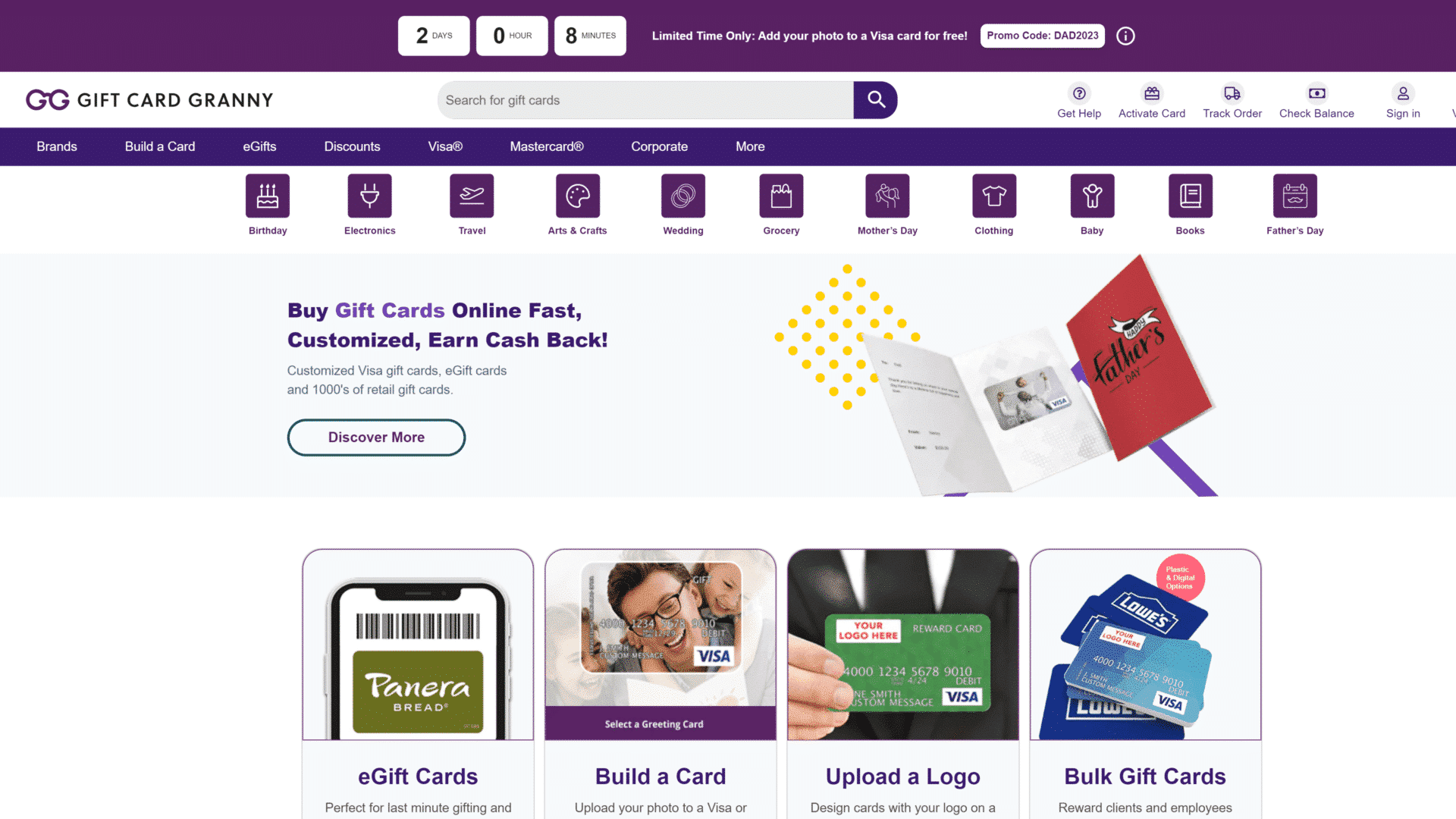 screenshot of the gift card granny homepage