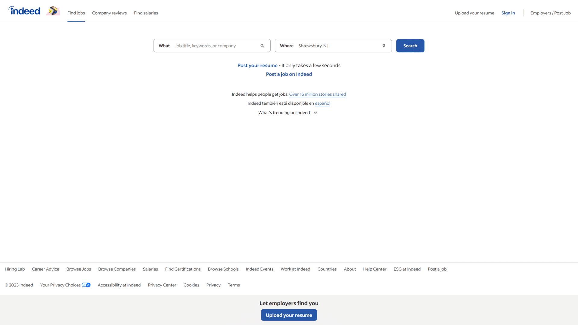 screenshot of the indeed homepage