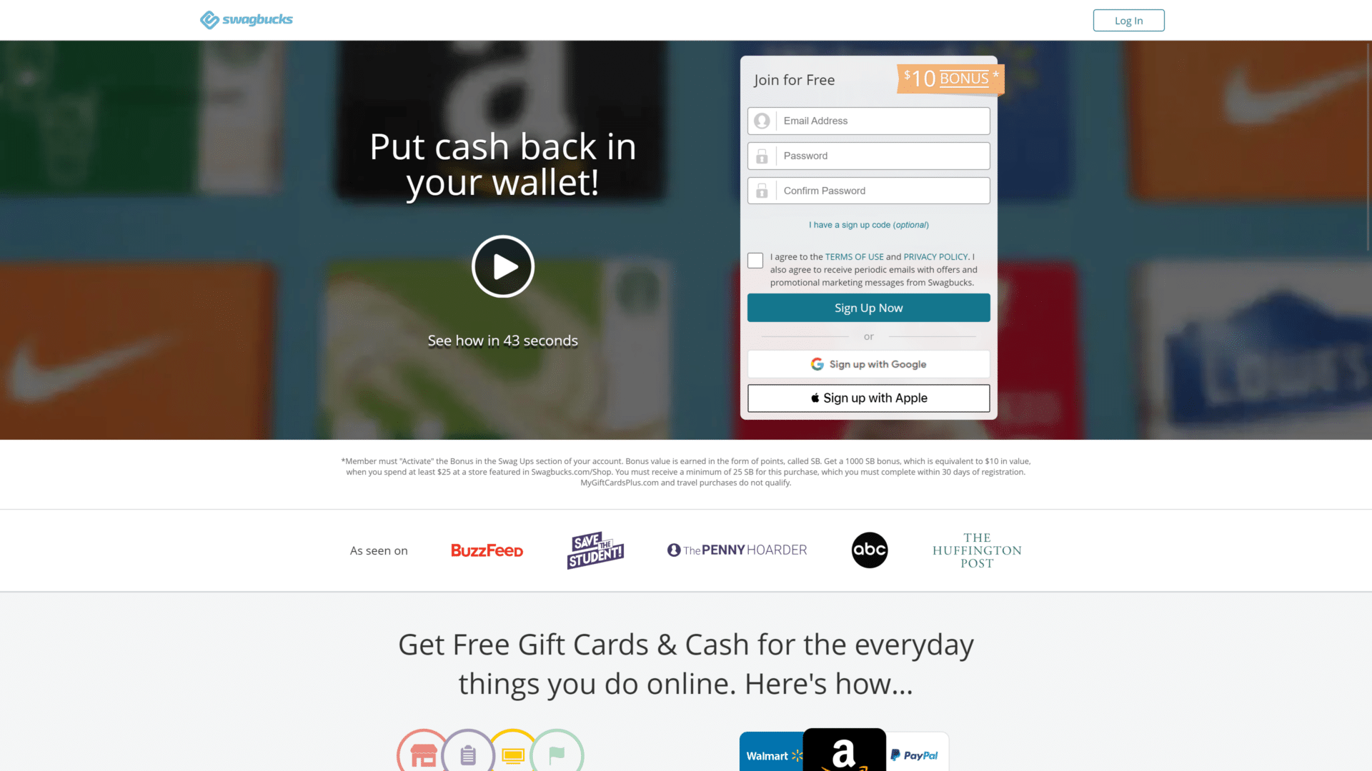 screenshot of the swagbucks homepage