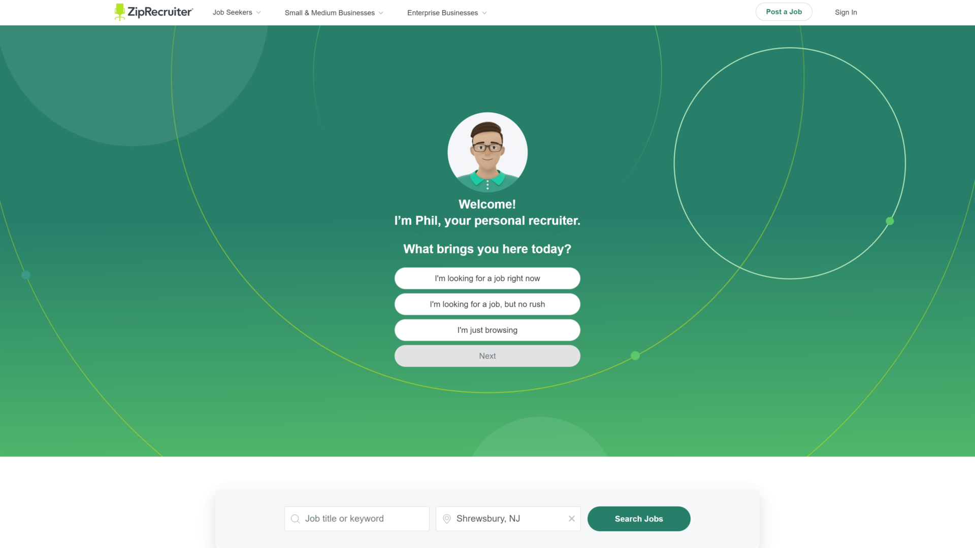 screenshot of the ziprecruiter homepage