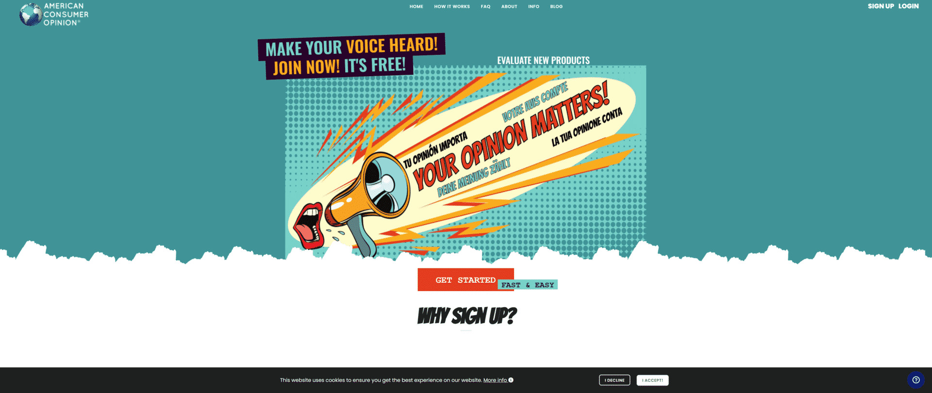 A screenshot of the American consumer opinion homepage