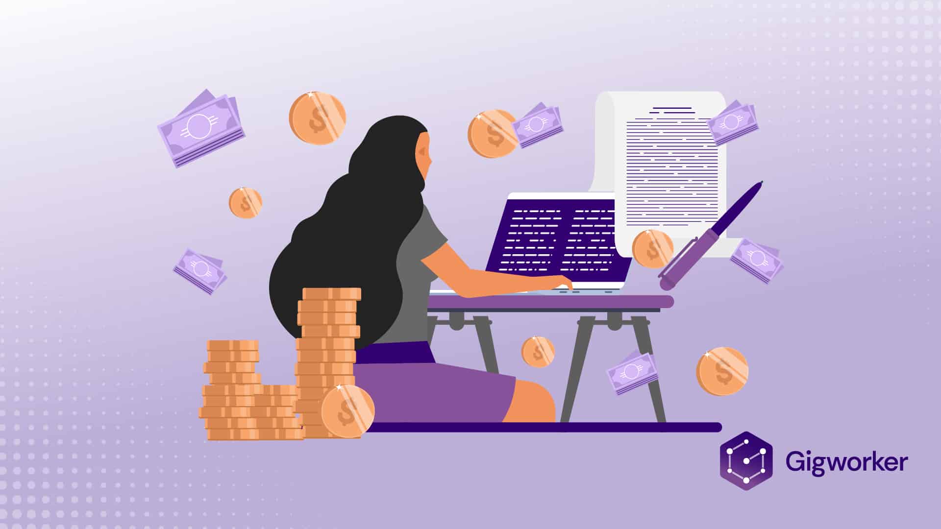 vector graphic showing an illustration of a woman learning to become a freelance writer