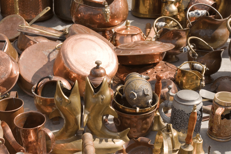 copper utensils and Antiques in the flea market