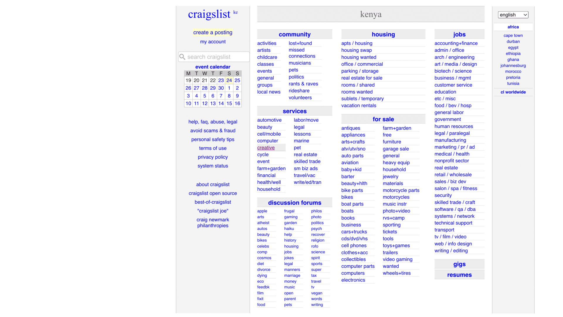 a screenshot of the craigslist homepage