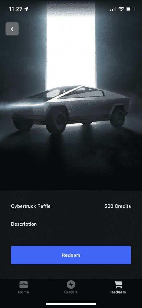 screenshot of the cybertruck raffle from within the tesla app