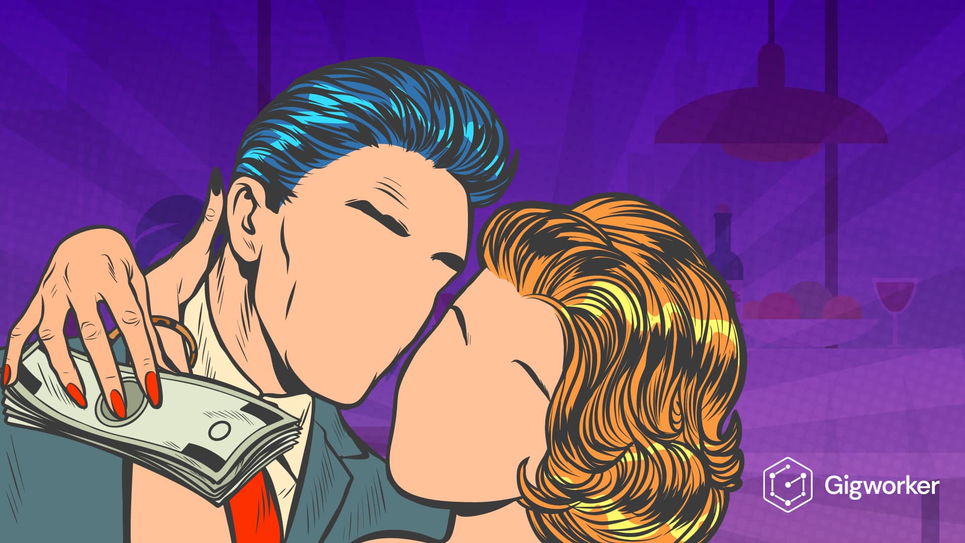 vector graphic showing an illustration of a man and a woman exchanging money showing how to become a sugar baby