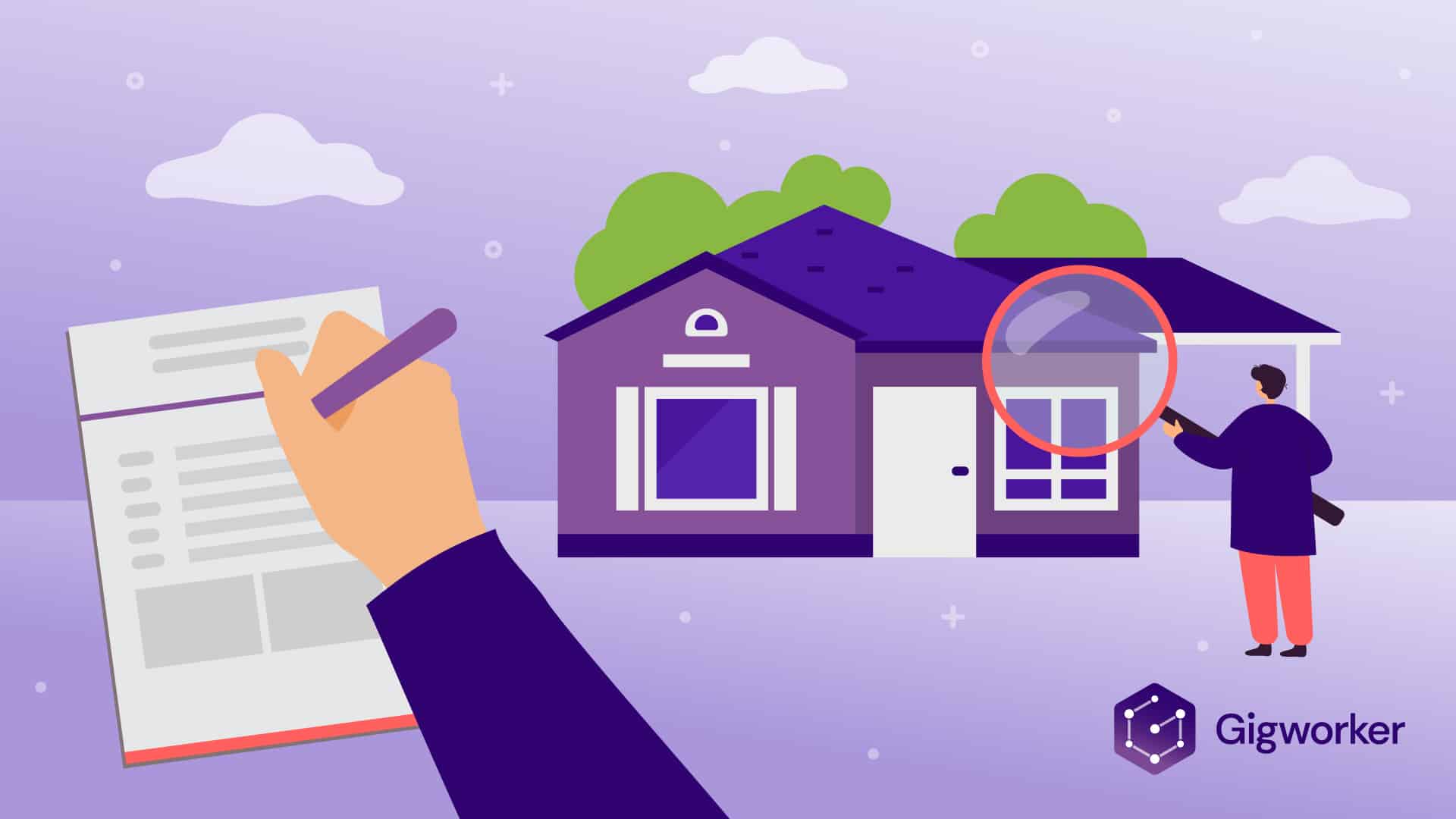 vector graphic showing an illustration of a person searching for a house and a hand signing a document showing how to become a real estate appraiser