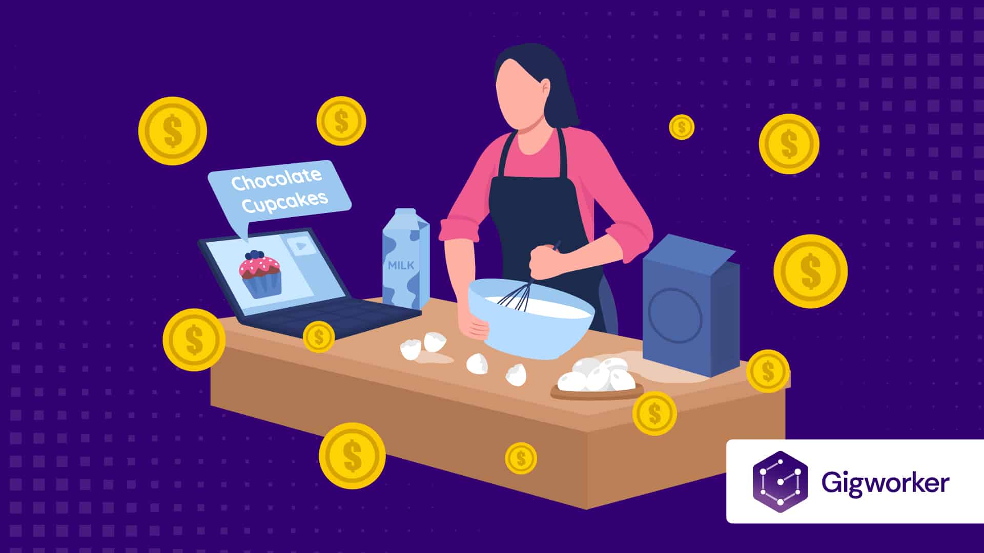 vector graphic showing an illustration of a woman preparing food at home and money floating around graphic to show how to sell food from home