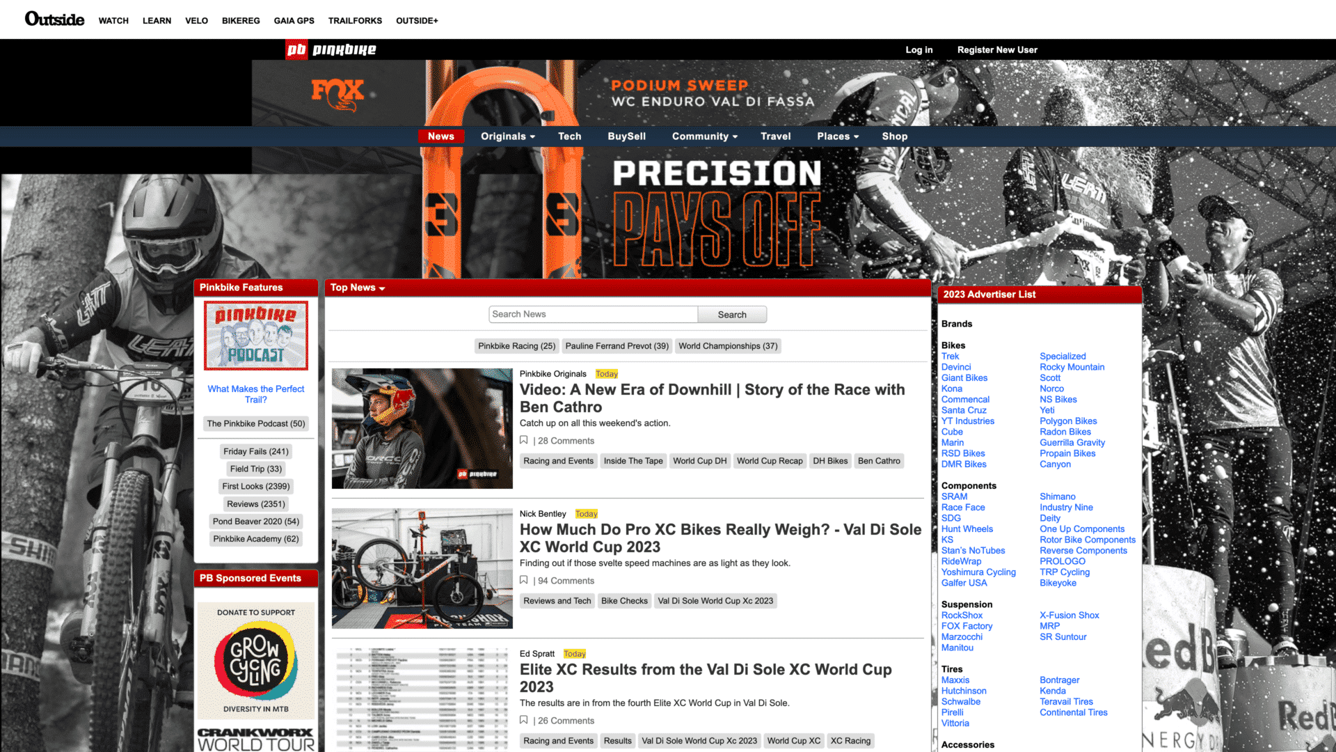 a screenshot of the pinkbike homepage
