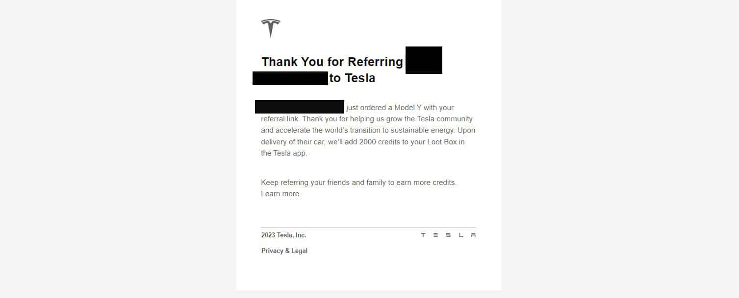 screenshot of notification of tesla referral program successful referral confirmation