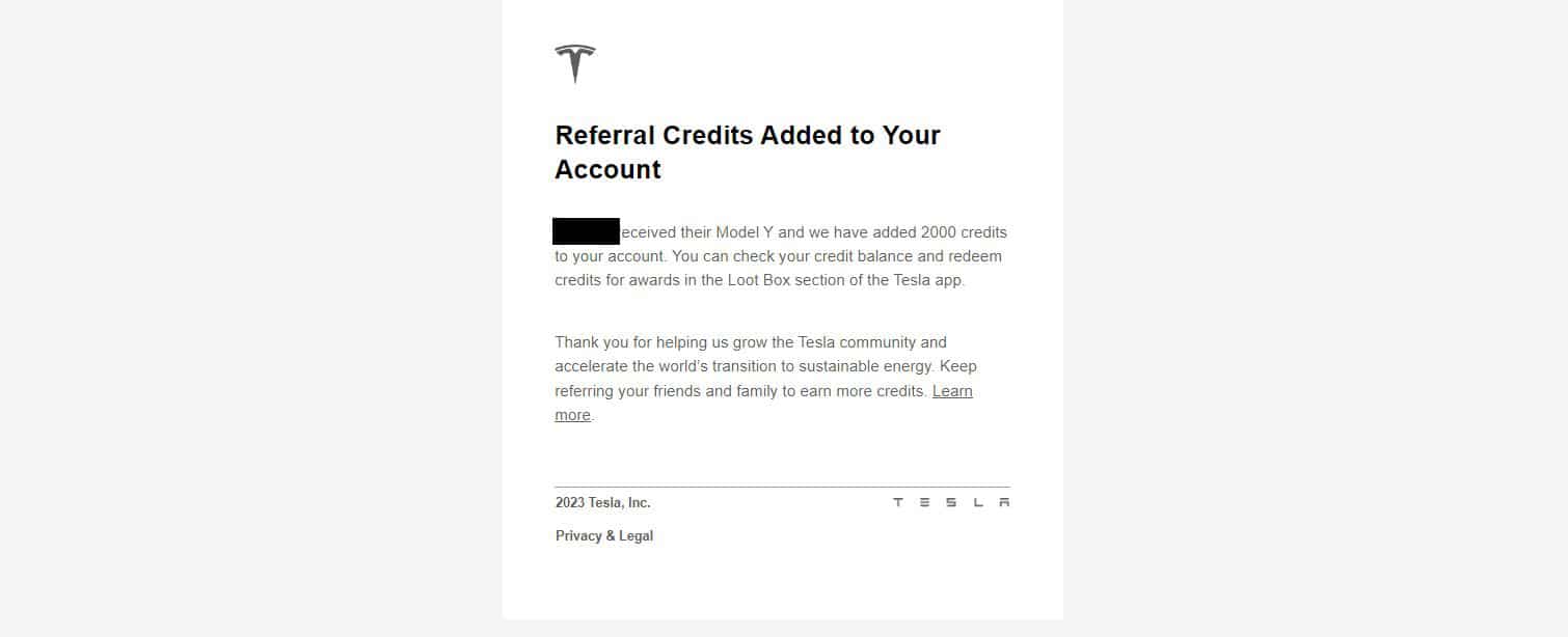 screenshot of notification of tesla referral credits added to account