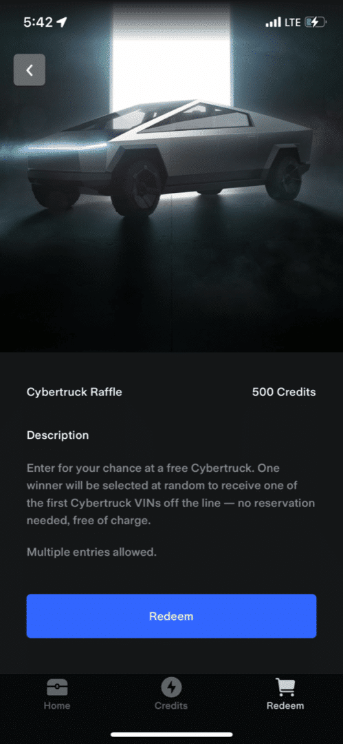 screenshot of the redemption screen of the tesla cybertruck raffle within the Tesla loot box