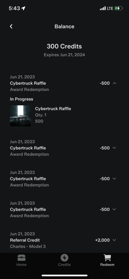screenshot of the redemption screen of the tesla cybertruck raffle within the Tesla loot box