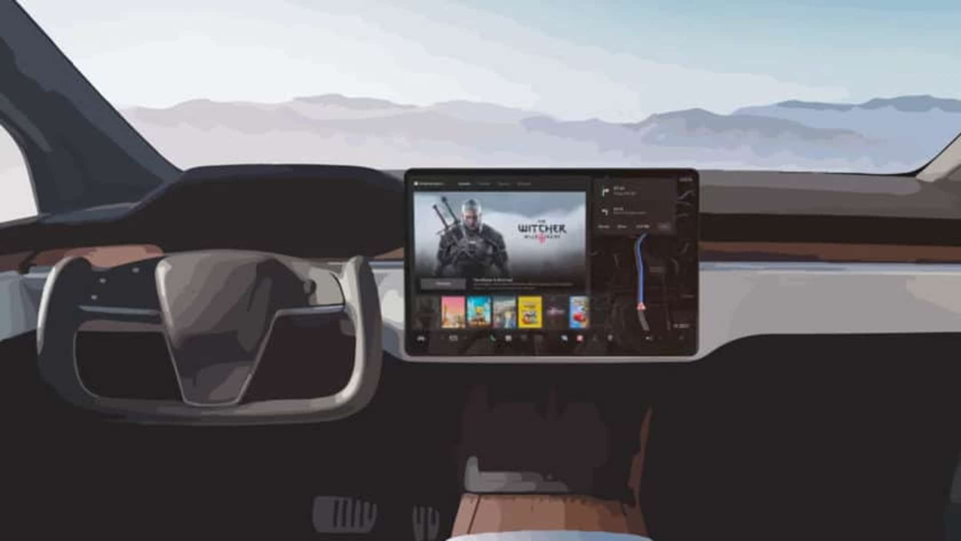 vector graphic showing a Tesla vehicle from the interior with the Tesla Waze software on the screen