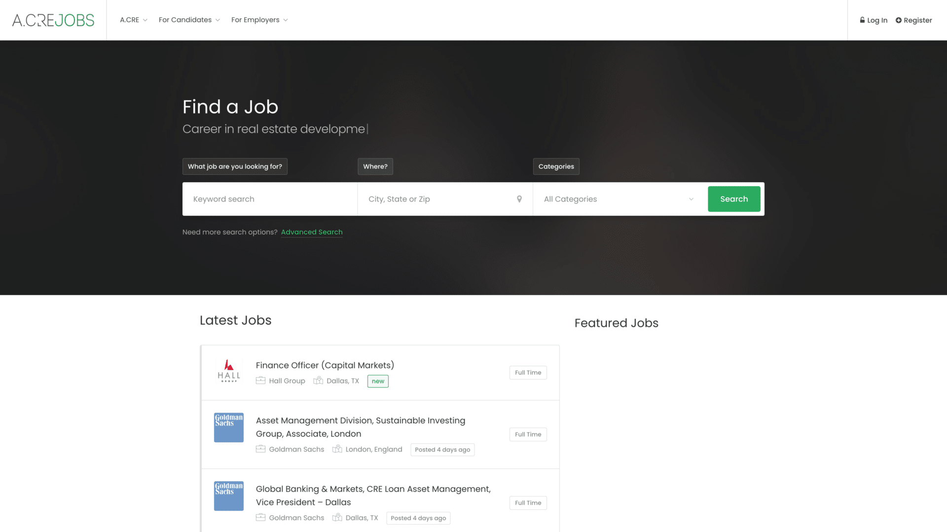 a screenshot of A CRE Jobs homepage
