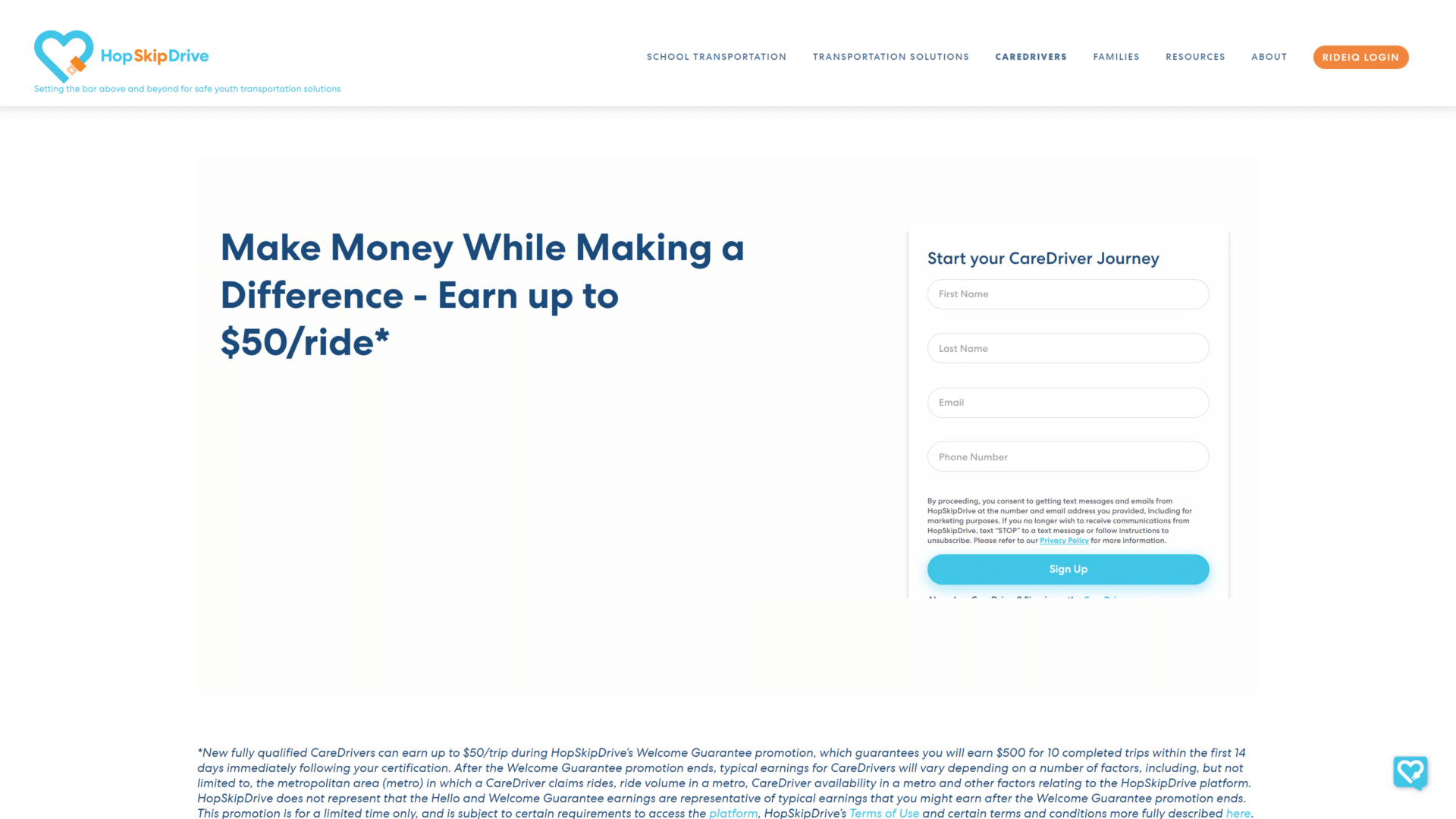 screenshot of the HopSkipDrive homepage