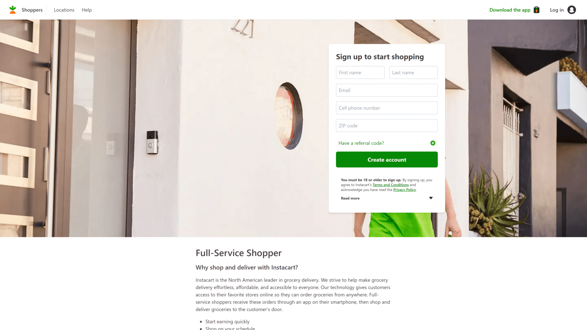 screenshot of the Instacart homepage