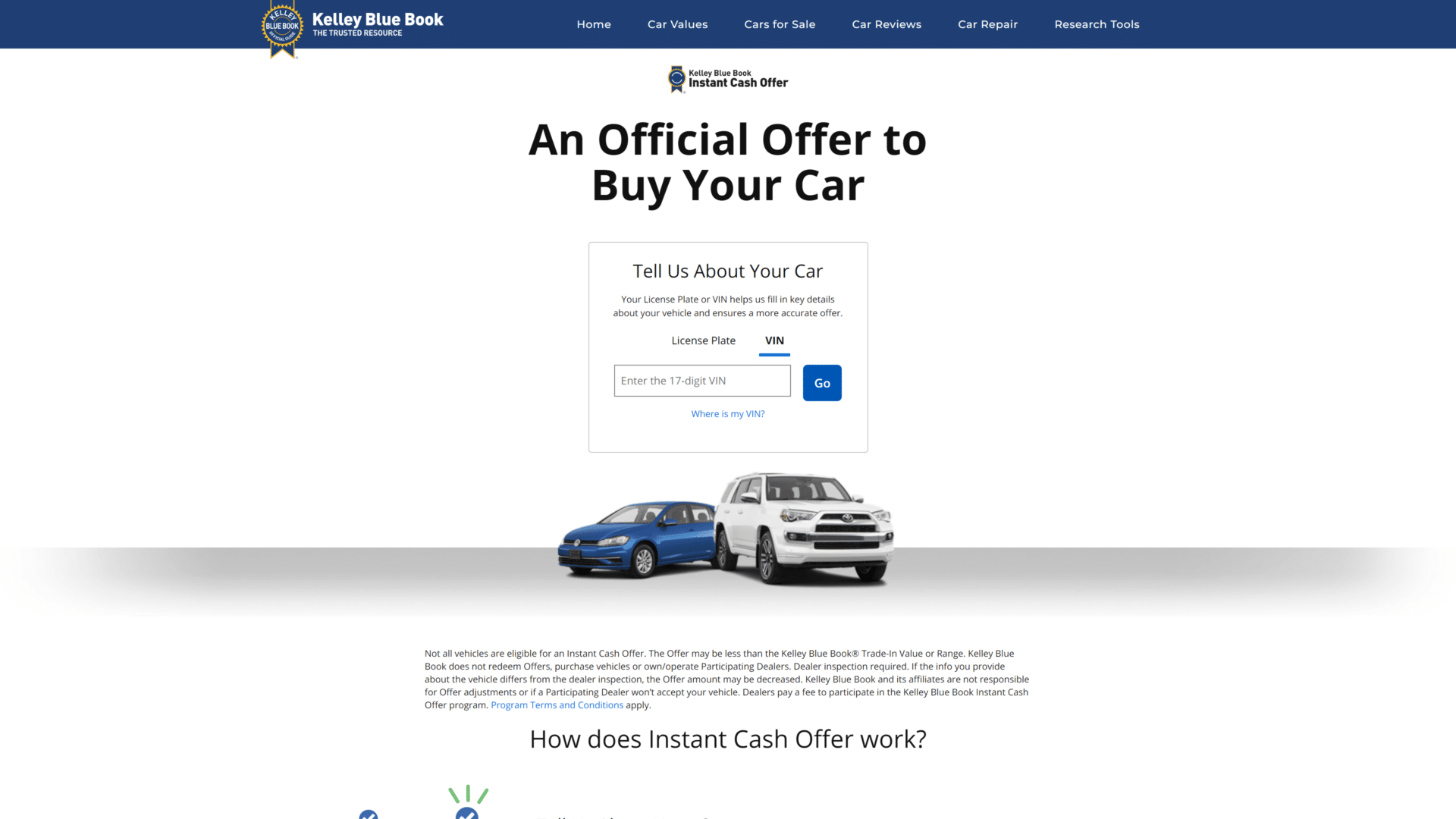 screenshot of the Kelley Blue Book Instant Cash offer homepage