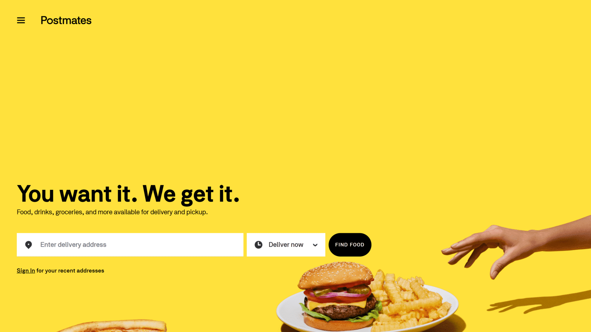 screenshot of the postmates homepage