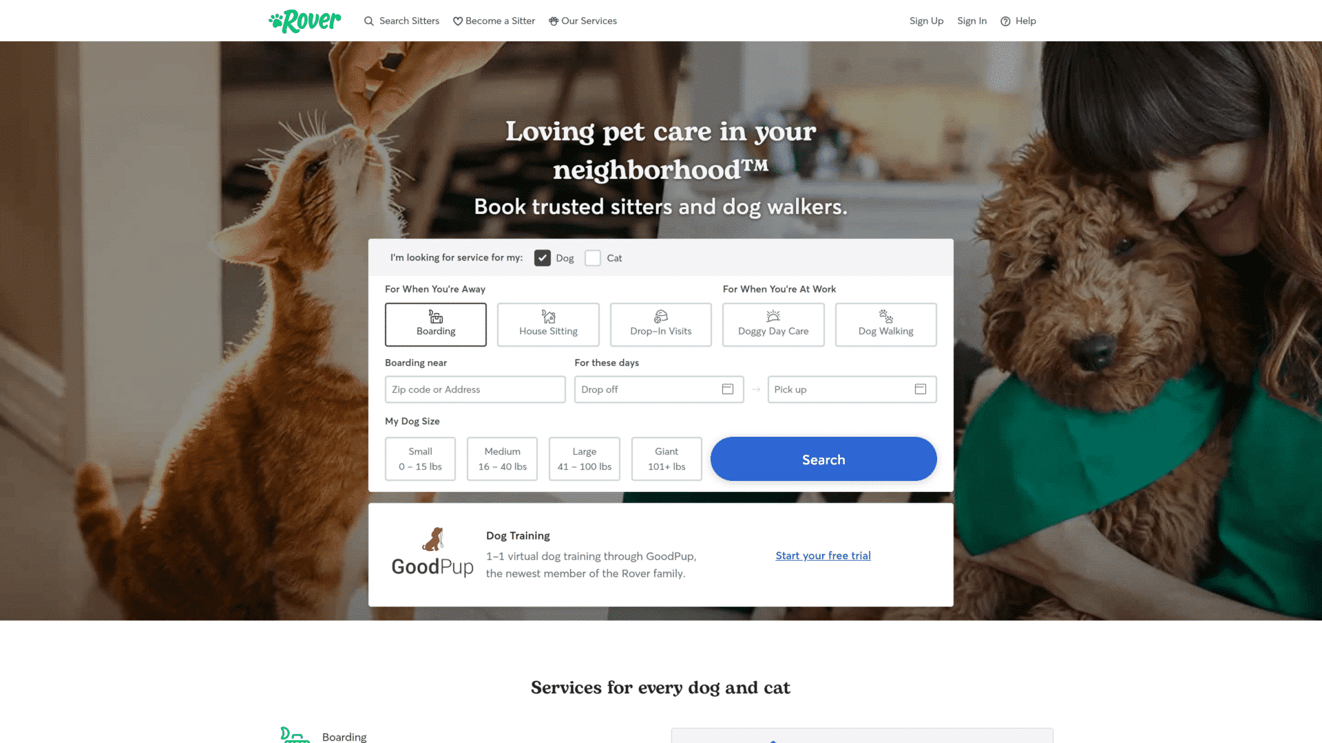 screenshot of the Rover homepage