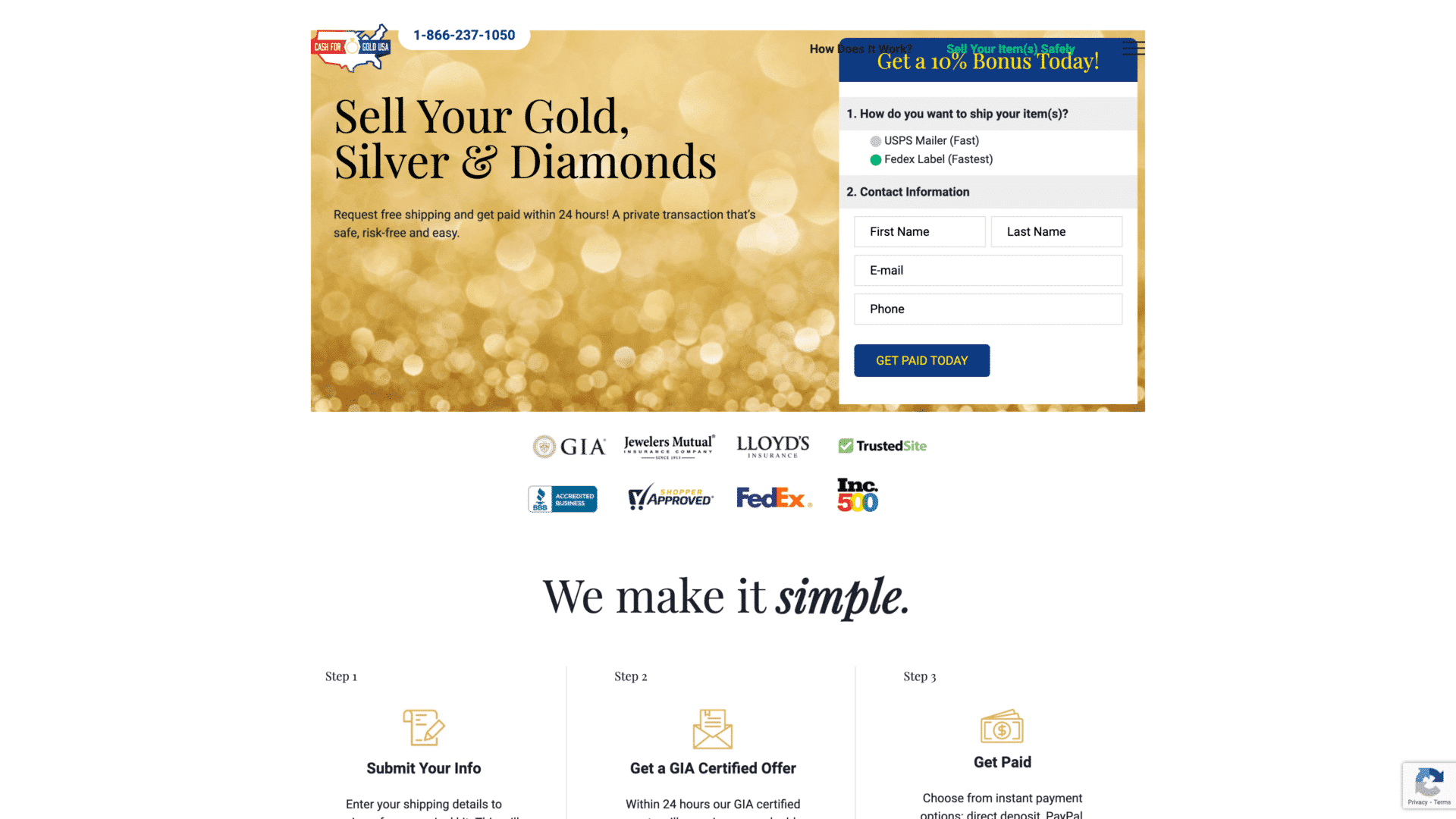 a screenshot of the cashforgoldusa homepage