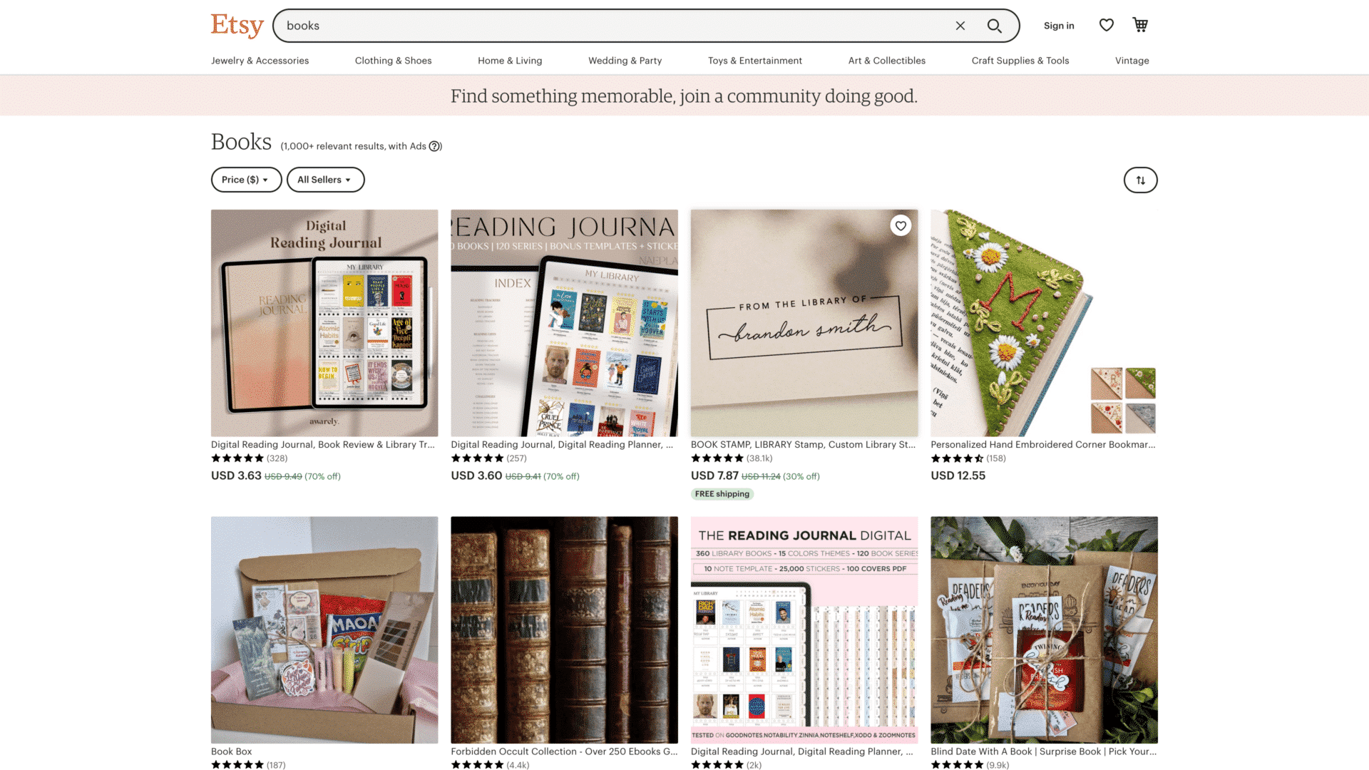 a screenshot of the etsy books homepage