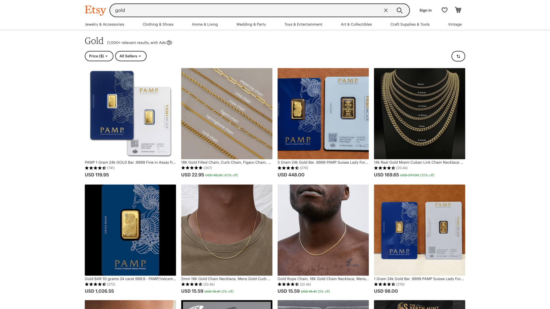 a screenshot of the etsy gold homepage
