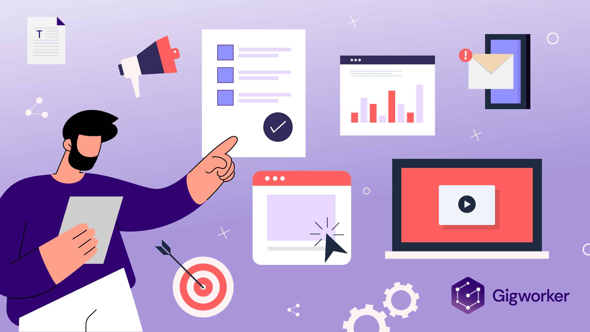vector graphic showing an illustration of a digital marketer showing how to become a digital marketer