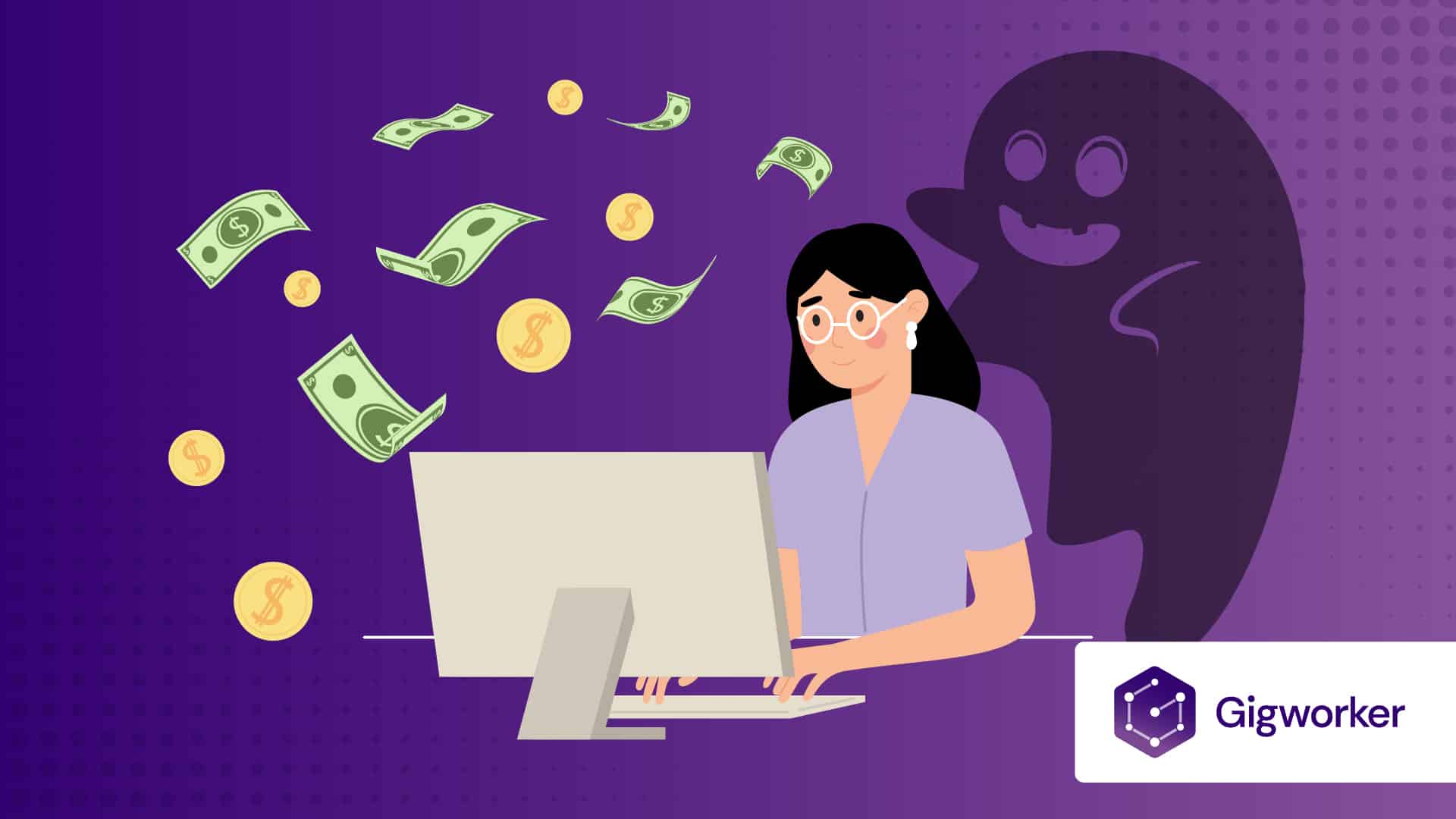 vector graphic showing an illustration of a person typing and a ghost behind her with money floating around related to how to become a ghostwriter