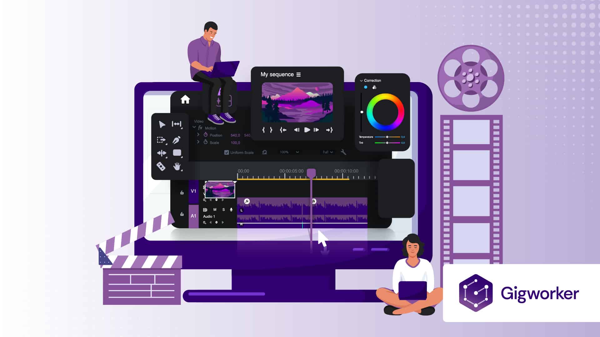 vector graphic showing an illustration of person editing videos graphics to show how to become a video editor