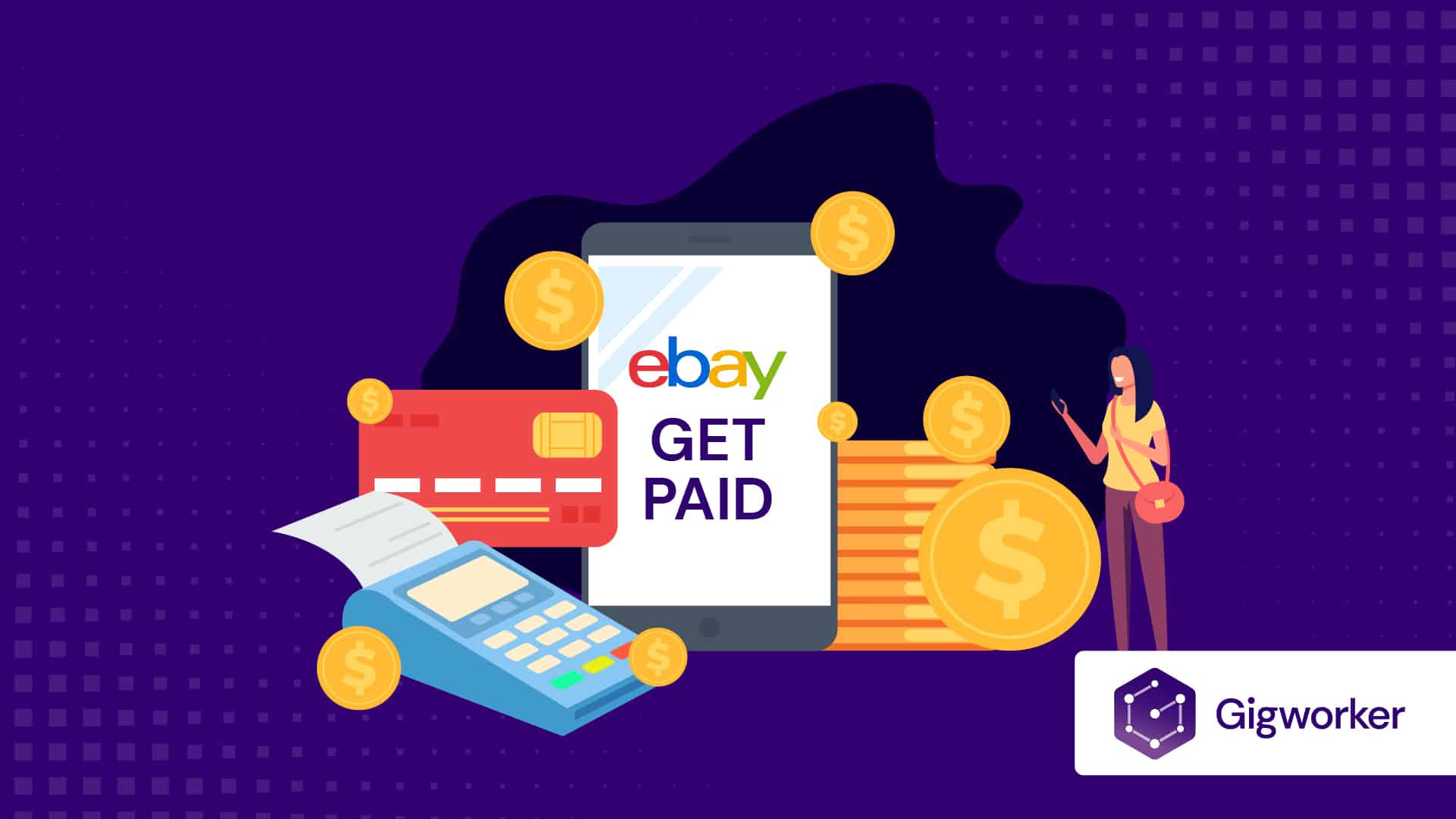 vector graphic showing an illustration of people getting paid from ebay to show how to get paid on ebay