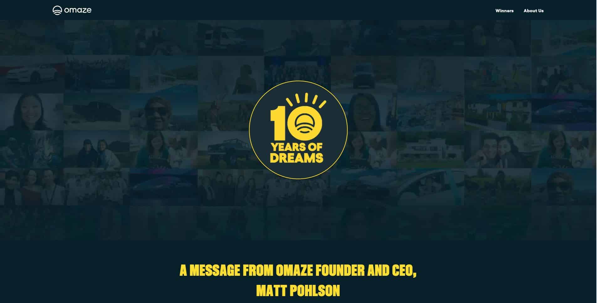 screenshot of the Omaze homepage - header graphic for the "is Omaze legit" post on gigworker.com