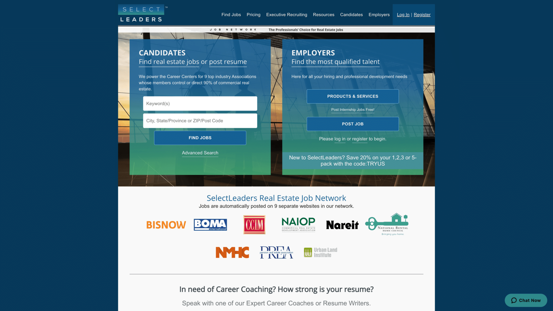 a screenshot of the selectleaders homepage