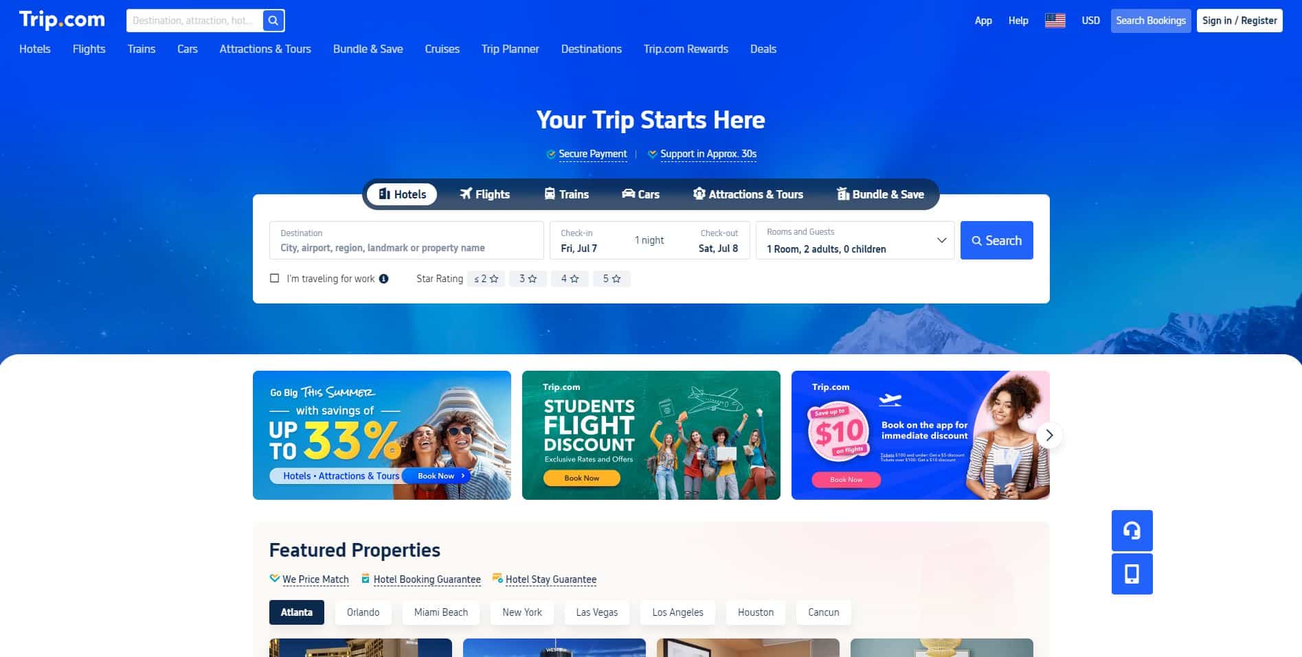 screenshot of the trip.com homepage - header graphic for the "is trip.com legit" post on gigworker.com
