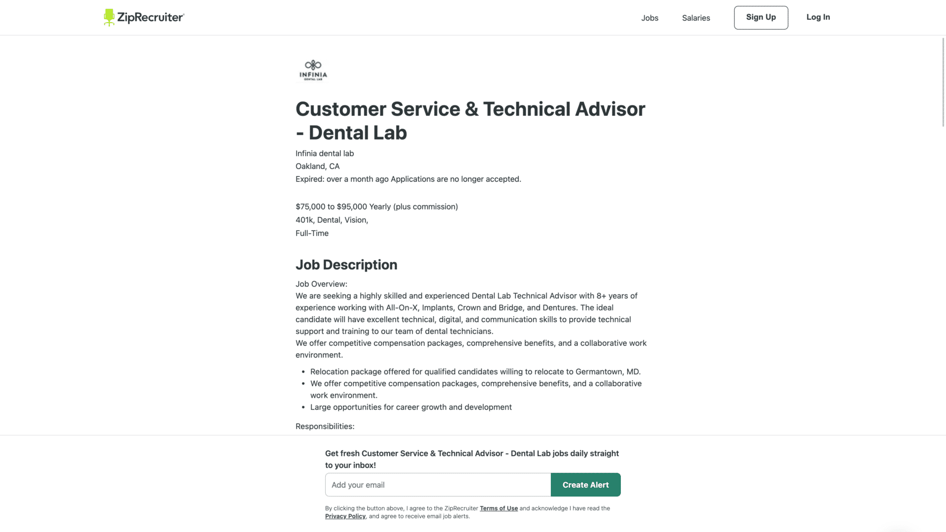 a screenshot of the Customer service job homepage