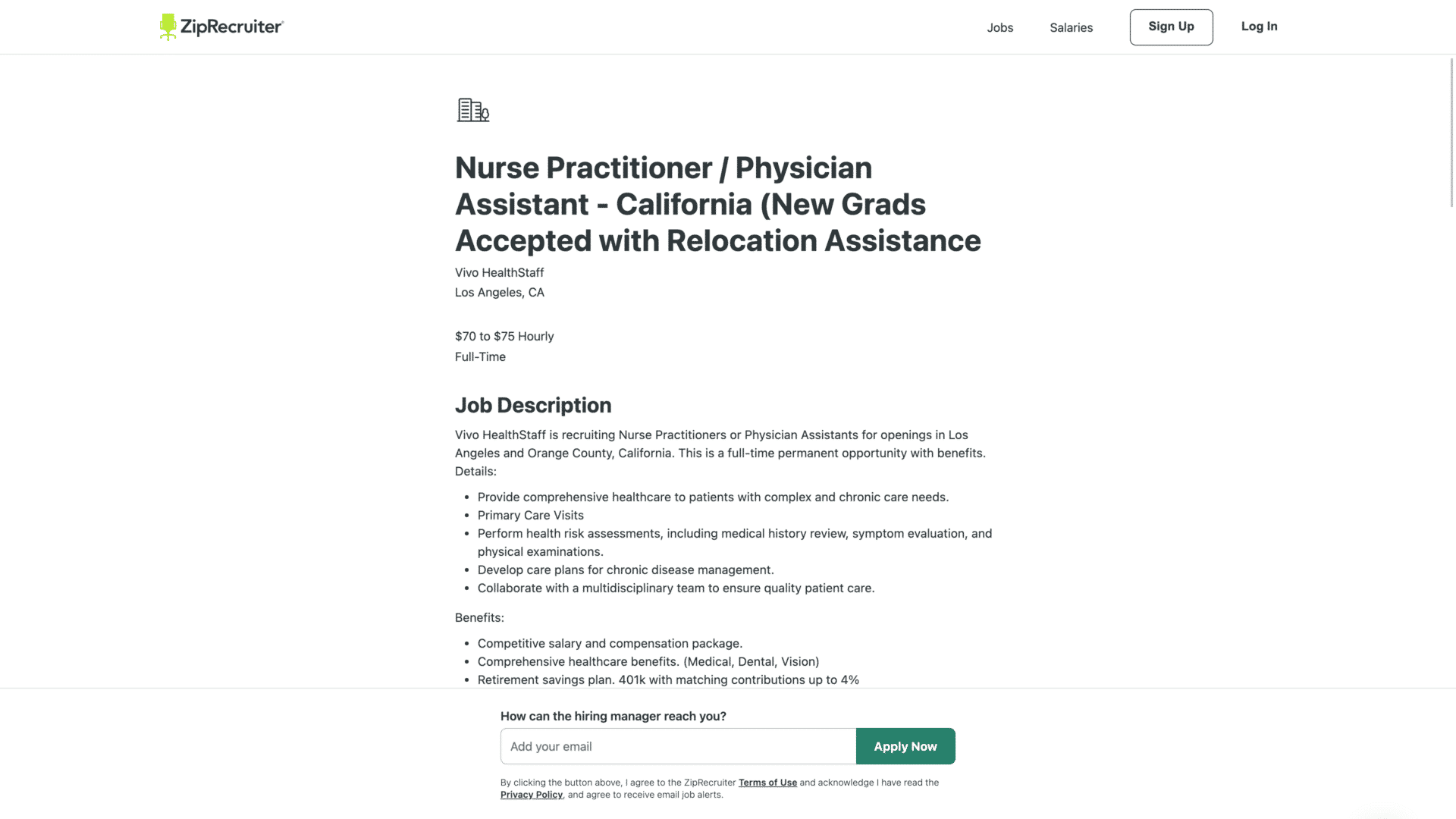 a screenshot of the Nurse Practitioner / Physician Assistant homepage