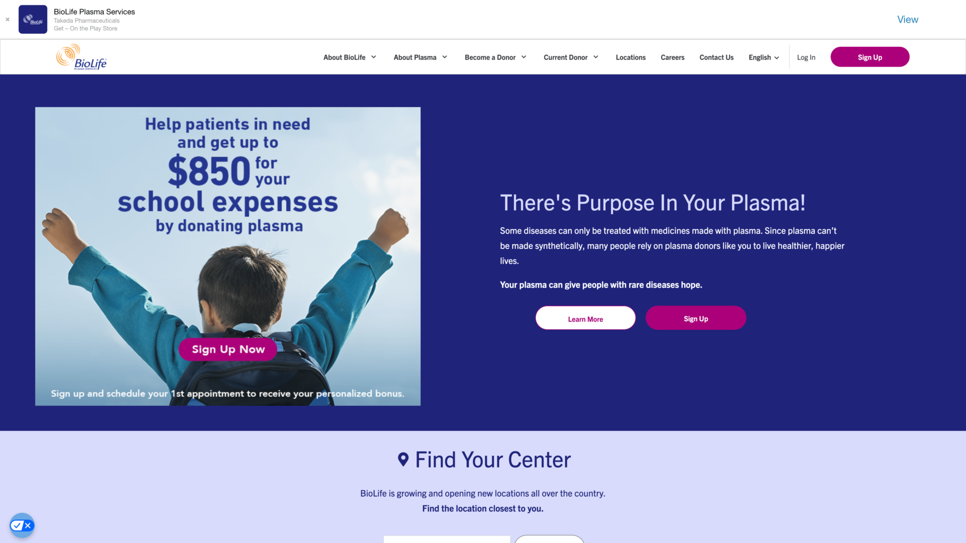a screenshot of the biolifeplasma homepage