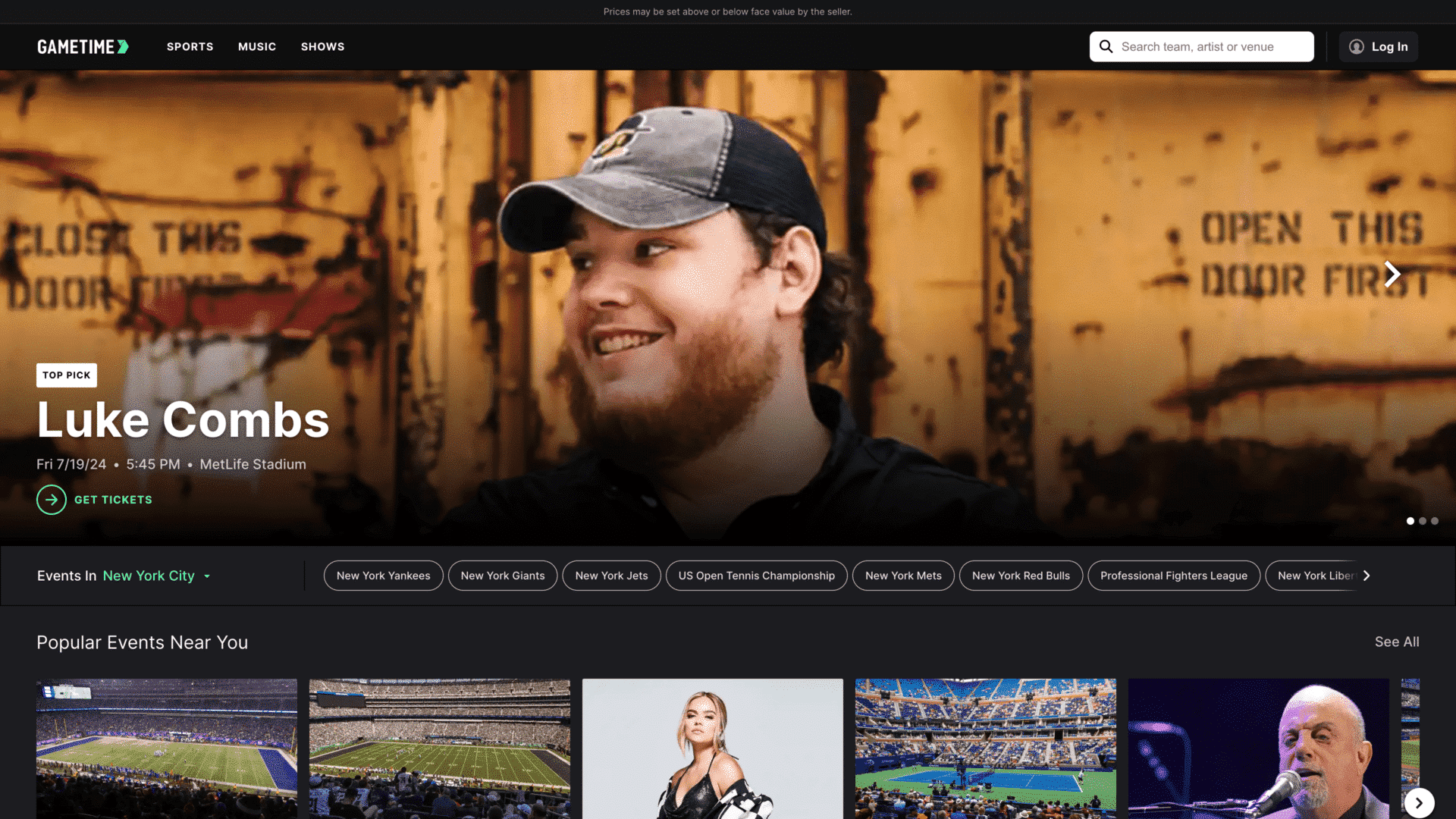 a screenshot of the gametime homepage