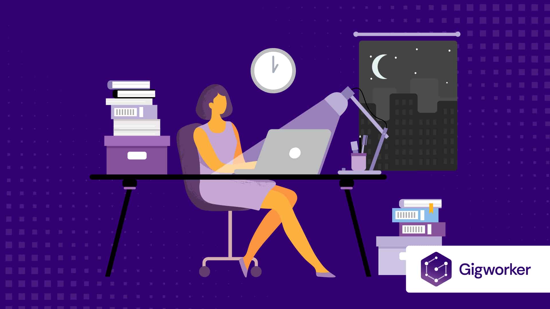vector graphic showing an illustration of a lady working at night related to overnight work from home jobs