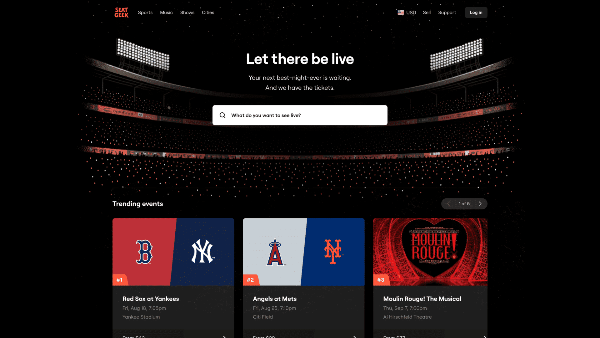 a screenshot of the seatgeek homepage